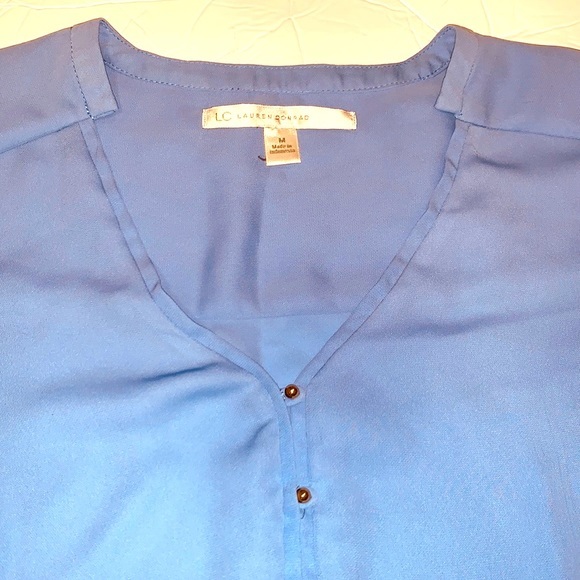 LC Lauren Conrad M blouse blue BOHO long cuffed sleeve lightweight button accent - Picture 9 of 15